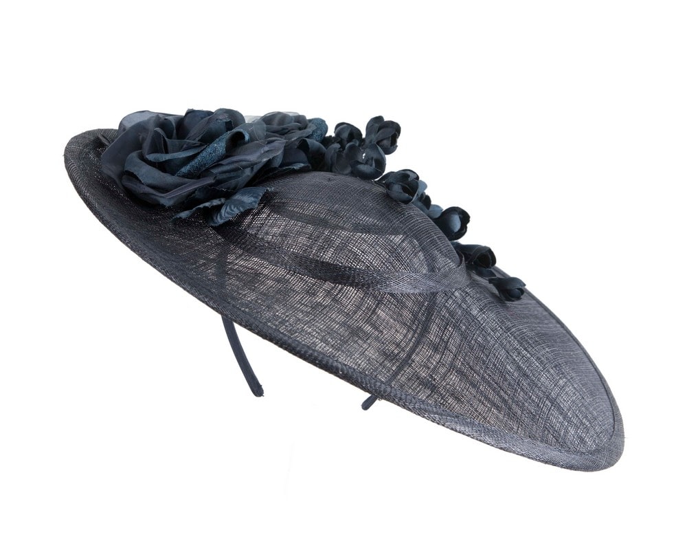 Fascinators Online - Navy wide brim sinamay fascinator hat with flowers