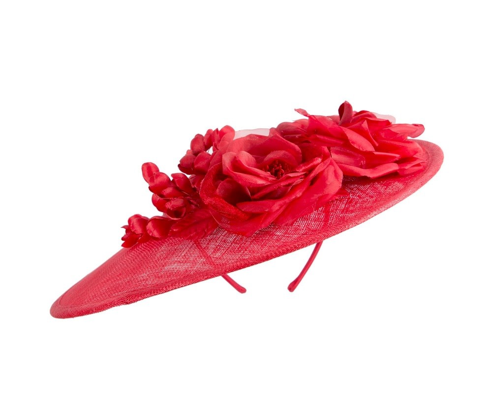 Red wide brim sinamay fascinator hat with flowers - Image 6