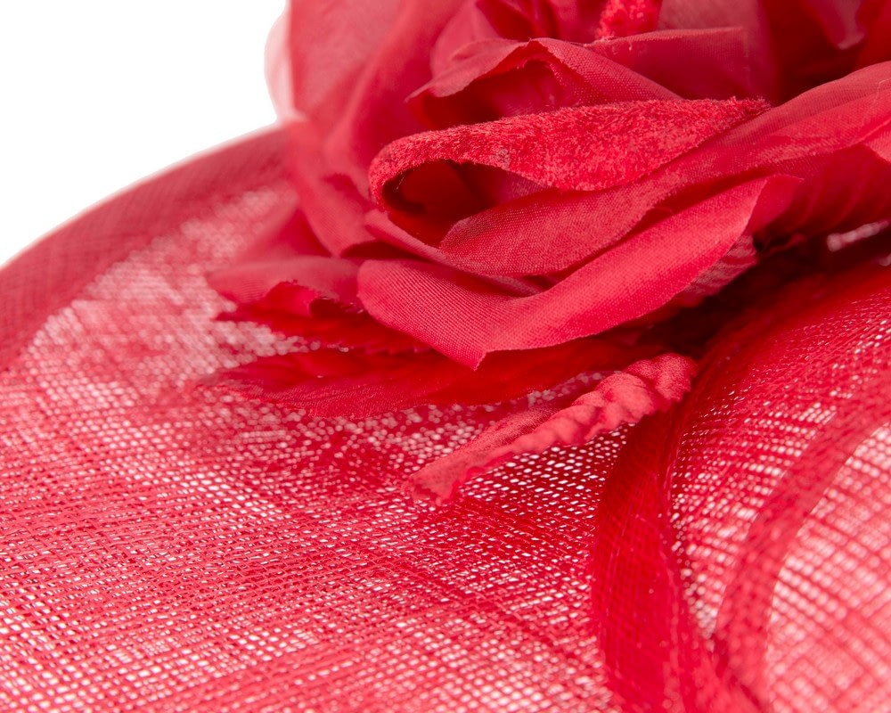 Red wide brim sinamay fascinator hat with flowers - Image 5