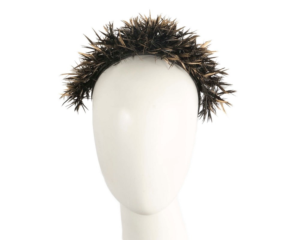 Fascinators Online - Black & gold spiky feather fascinator headband by Max Alexander