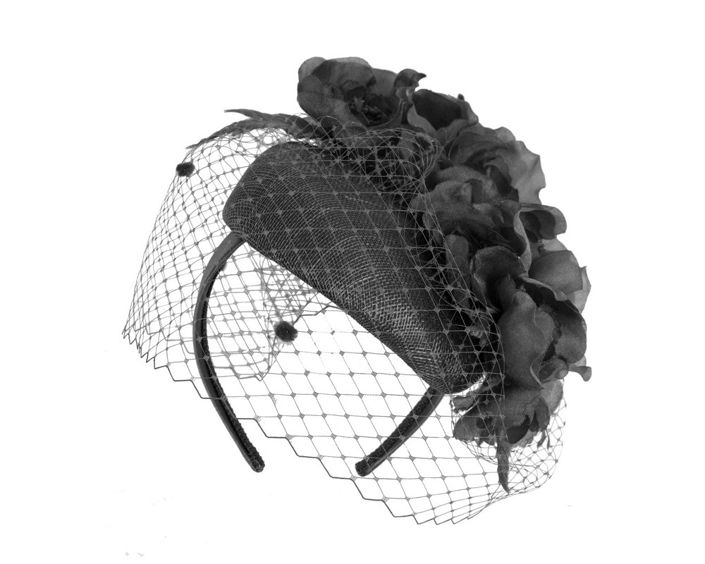 Fascinators Online - Black pillbox fascinator with flowers and face veil