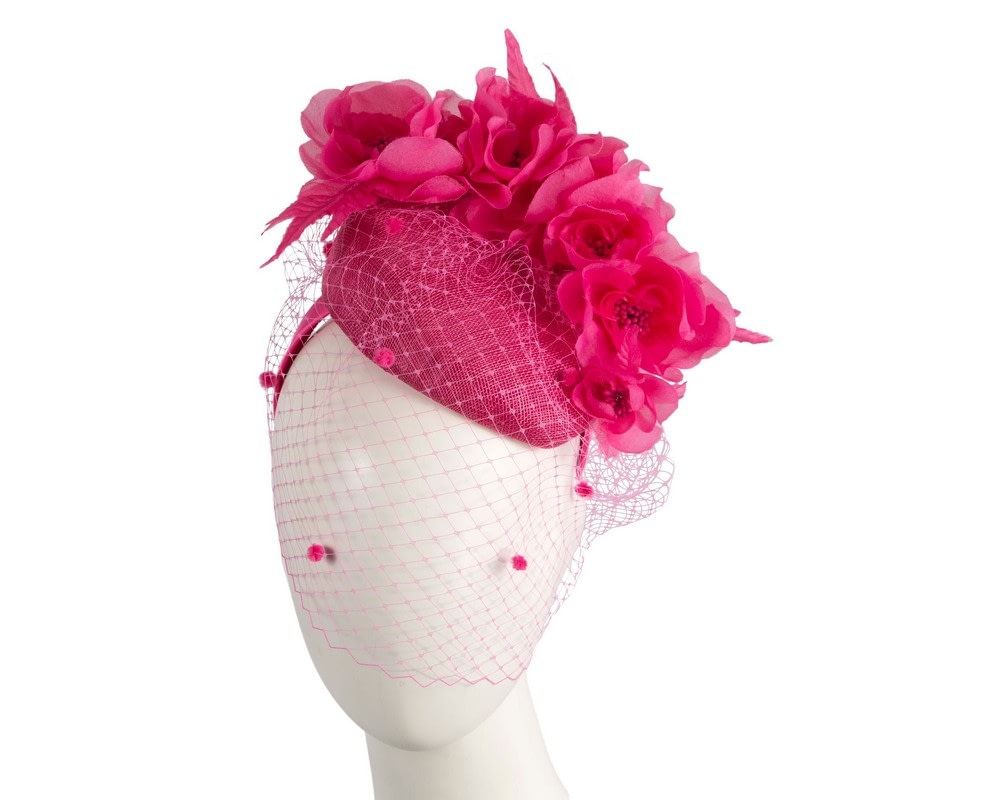 Fascinators Online - Fuchsia pillbox fascinator with flowers and face veil