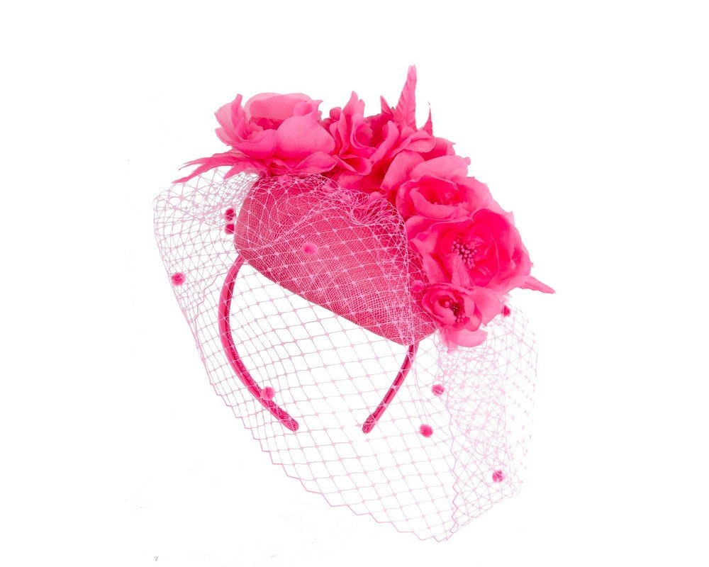 Fascinators Online - Fuchsia pillbox fascinator with flowers and face veil