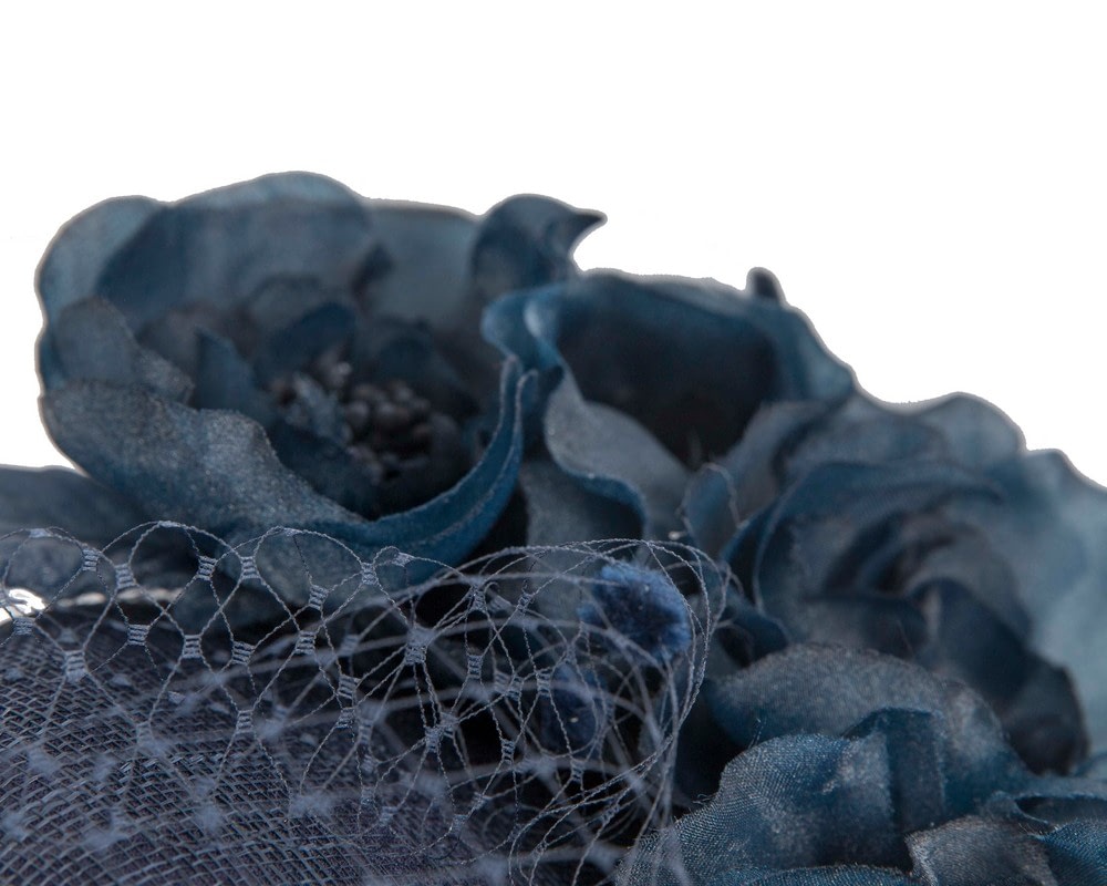 Navy pillbox fascinator with flowers and face veil - Image 3