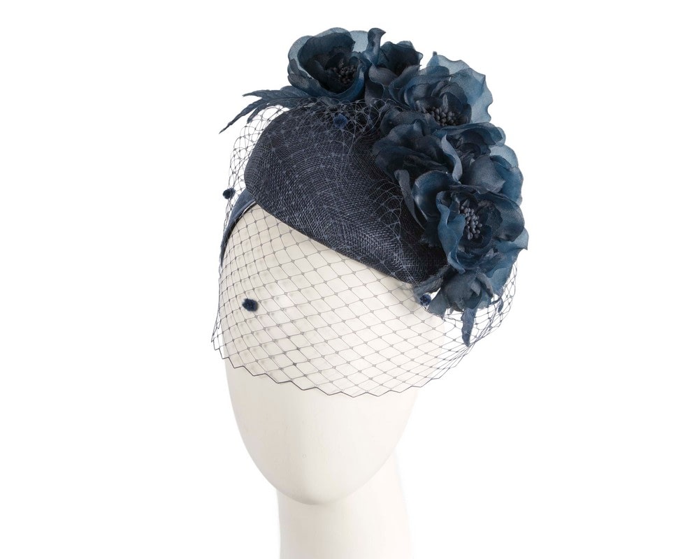 Fascinators Online - Navy pillbox fascinator with flowers and face veil