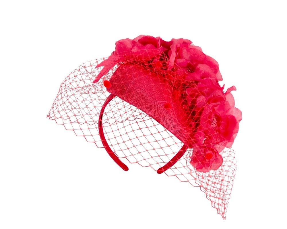 Fascinators Online - Red pillbox fascinator with flowers and face veil