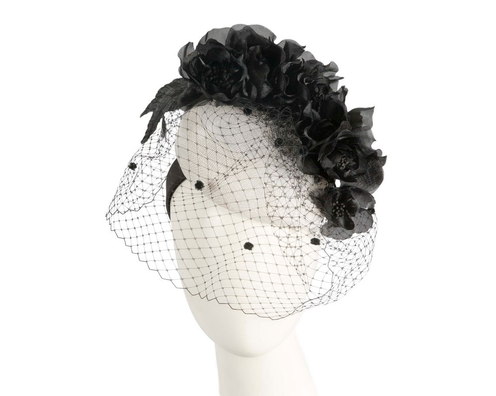 Fascinators Online - White & Black pillbox fascinator with flowers and face veil
