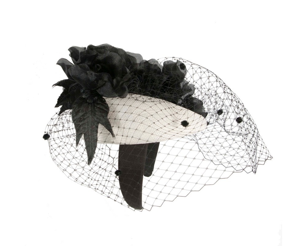 White & Black pillbox fascinator with flowers and face veil - Image 4
