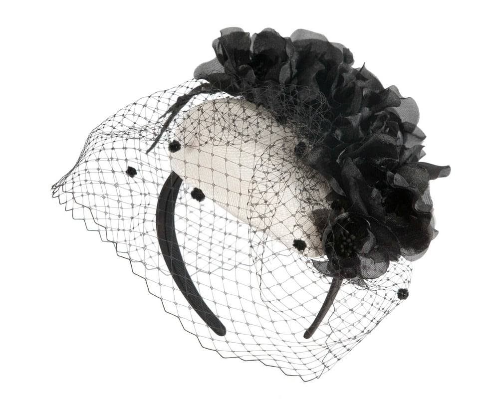 Fascinators Online - White & Black pillbox fascinator with flowers and face veil