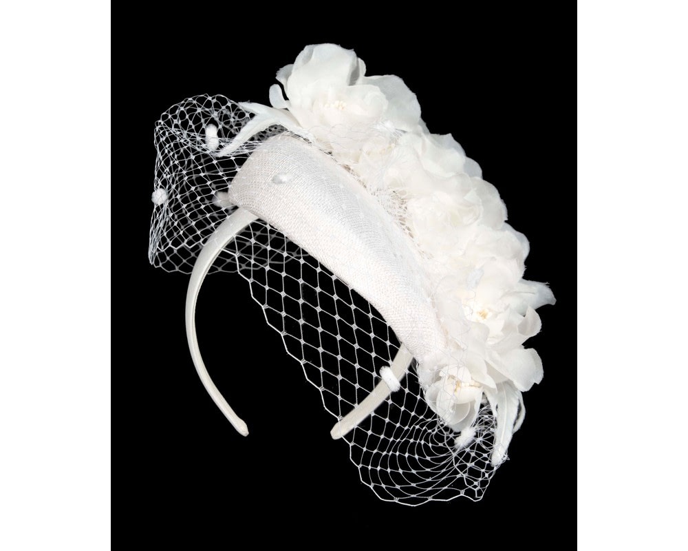 Fascinators Online - White pillbox fascinator with flowers and face veil