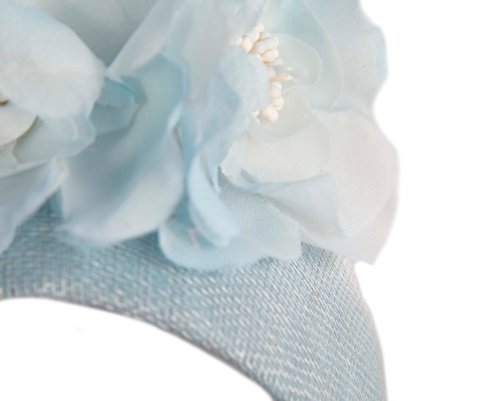 Wide light blue flower fascinator headband by Fillies Collection - Fascinators Online Wide light blue flower fascinator headband by Fillies Collection - Image 3