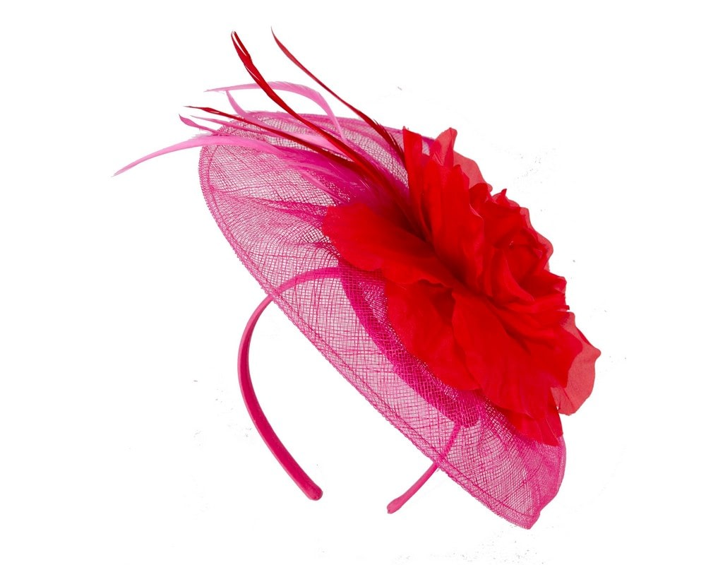 Fuchsia Max Alexander fascinator with red flower - Fascinators Online Fuchsia Max Alexander fascinator with red flower - Image 2