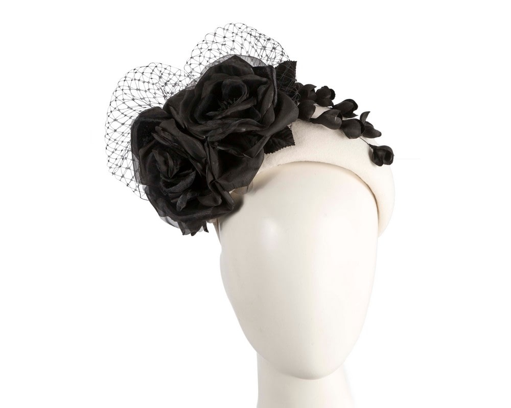 Fascinators Online - Wide cream & black flower winter fascinator headband by Fillies Collection