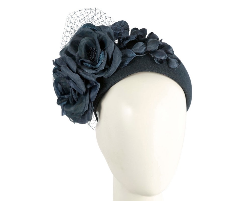 Fascinators Online - Wide navy flower winter fascinator headband by Fillies Collection