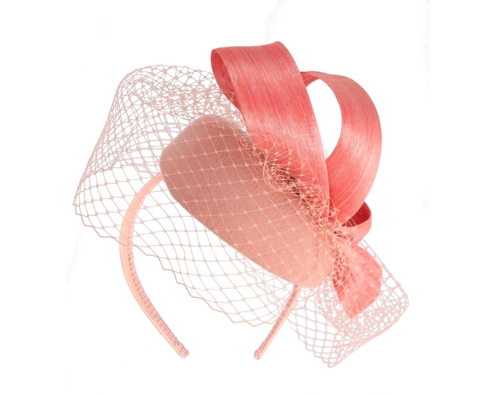 Coral pillbox fascinator with loops and face veil - Image 6