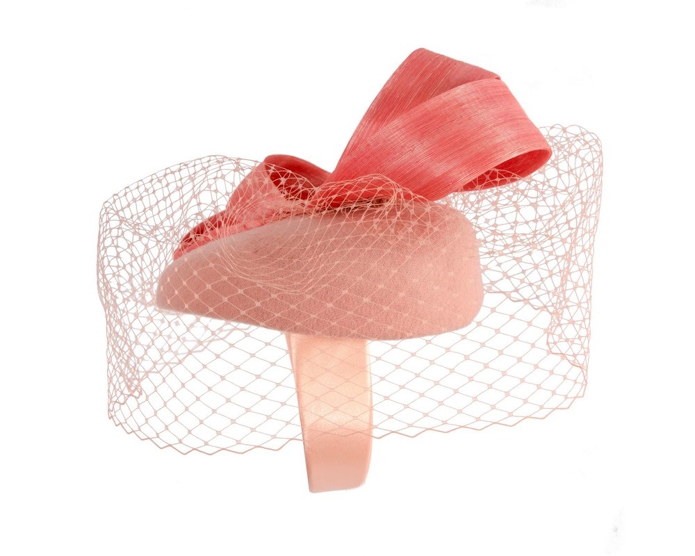 Coral pillbox fascinator with loops and face veil - Image 4