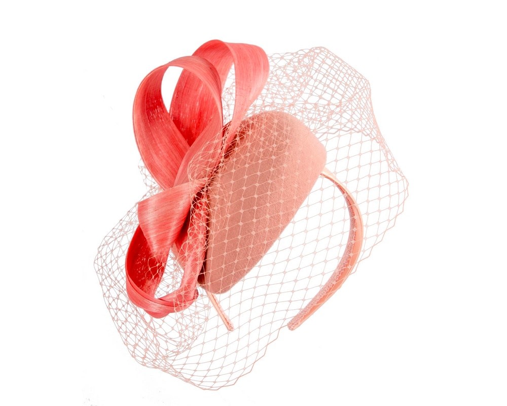 Fascinators Online - Coral pillbox fascinator with loops and face veil