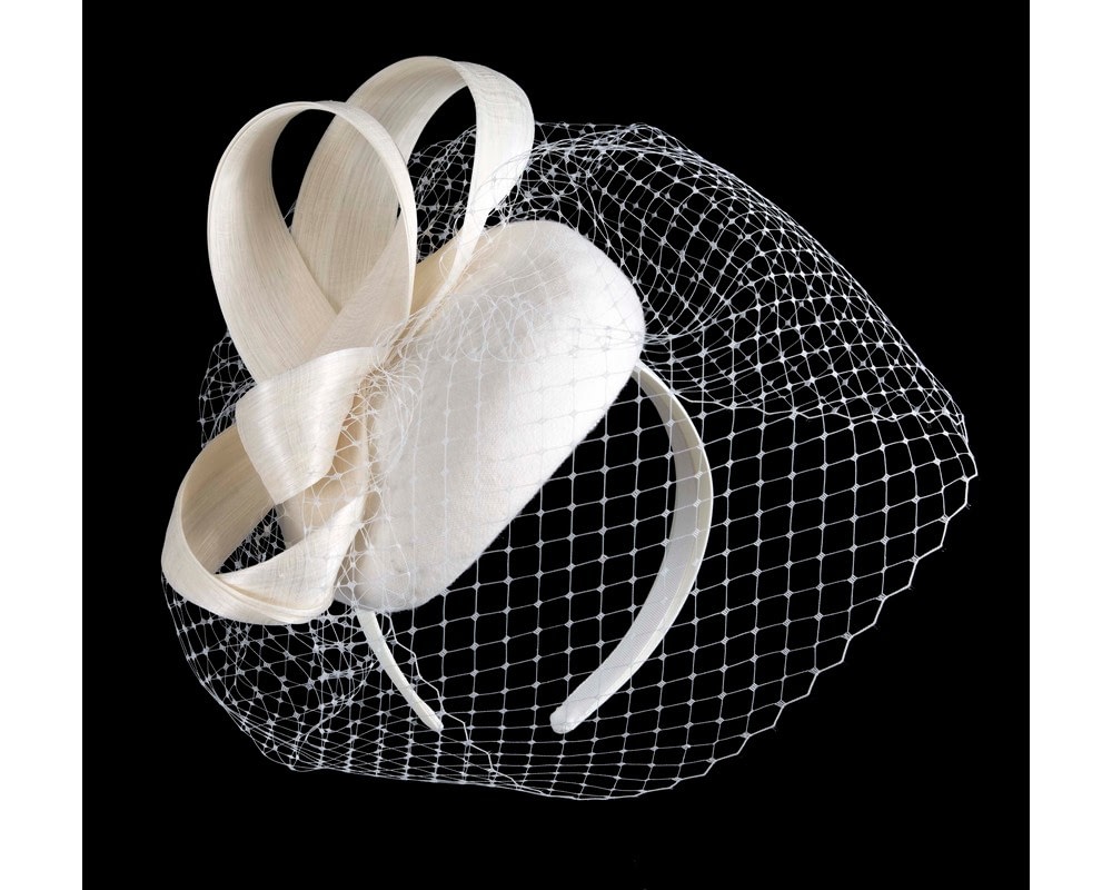 Fascinators Online - Cream pillbox fascinator with loops and face veil