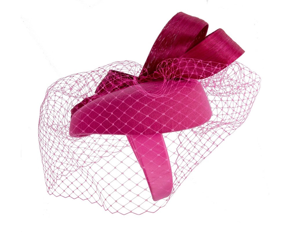 Fuchsia pillbox fascinator with loops and face veil - Fascinators Online Fuchsia pillbox fascinator with loops and face veil - Image 4