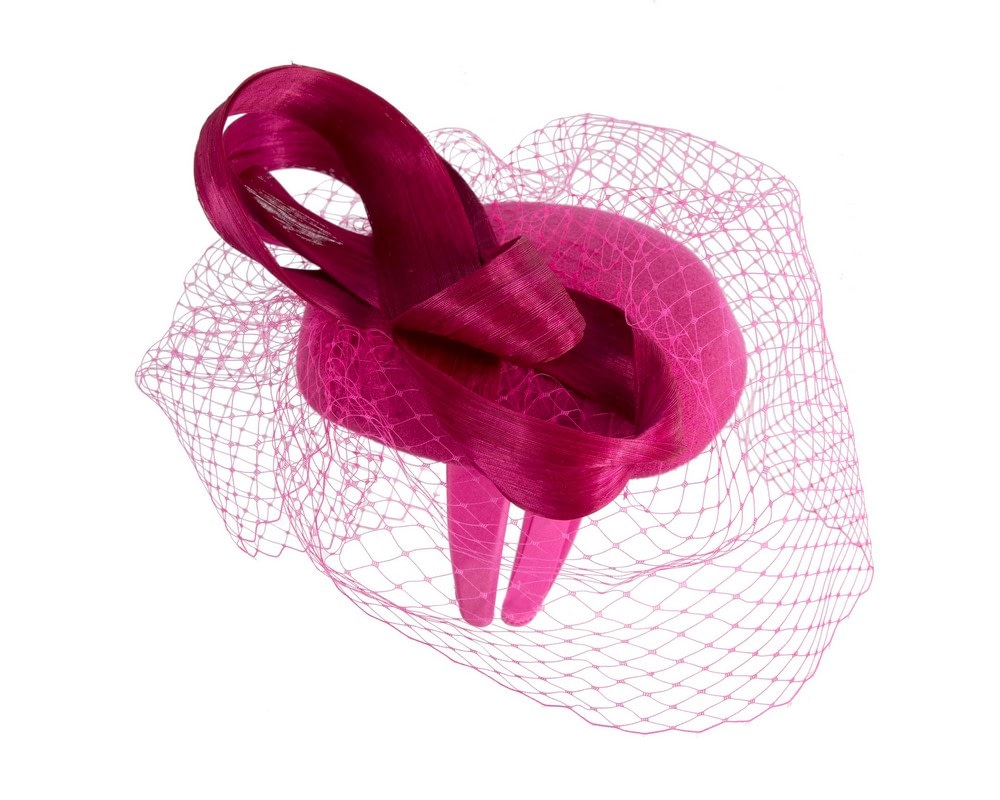 Fuchsia pillbox fascinator with loops and face veil - Fascinators Online Fuchsia pillbox fascinator with loops and face veil - Image 3