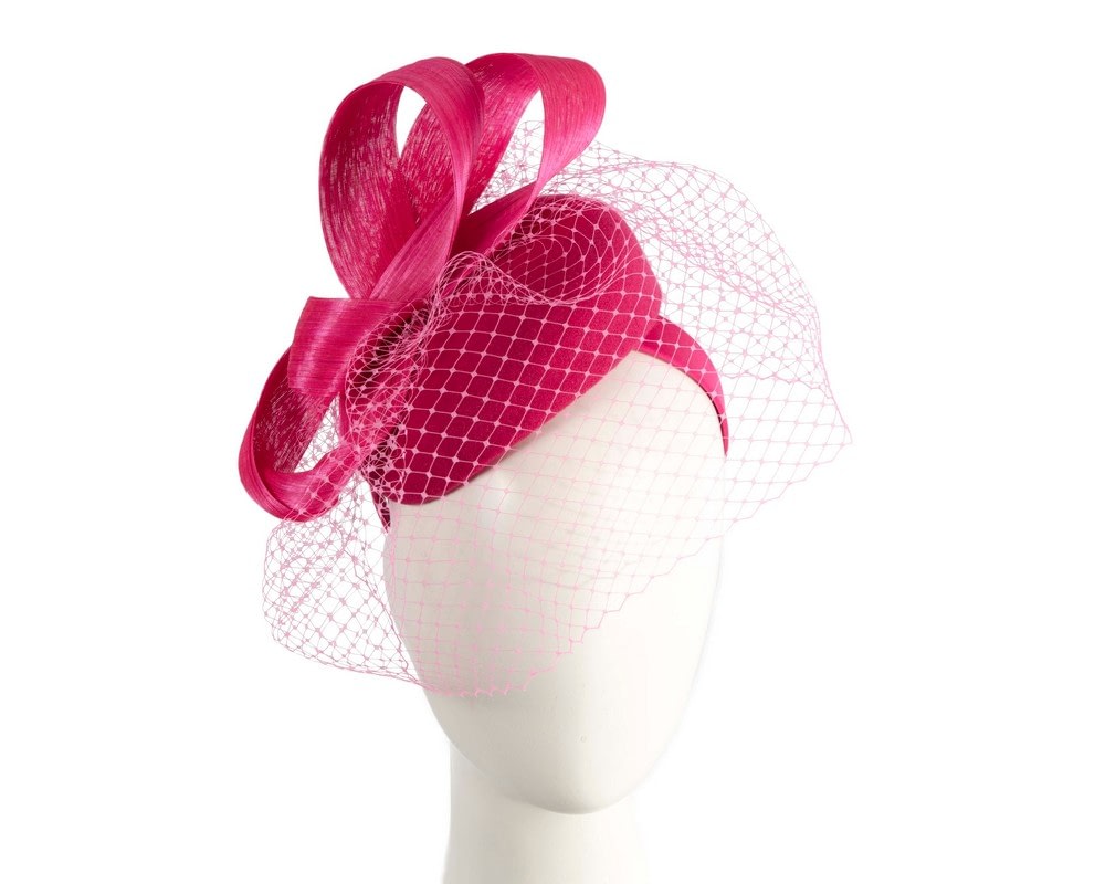 Fascinators Online - Hot pink pillbox fascinator with loops and face veil