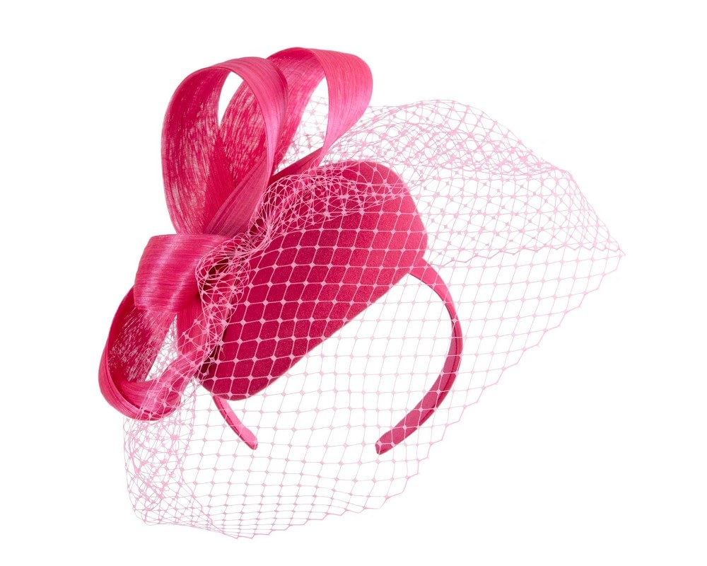 Fascinators Online - Hot pink pillbox fascinator with loops and face veil
