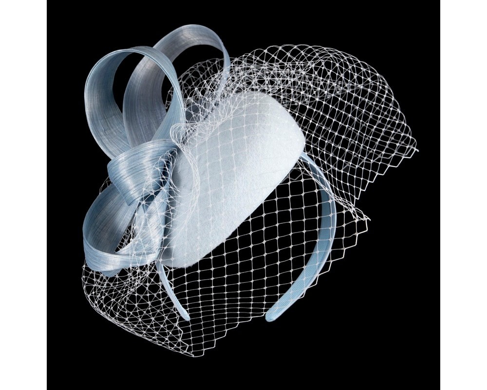 Fascinators Online - Light blue pillbox fascinator with loops and face veil