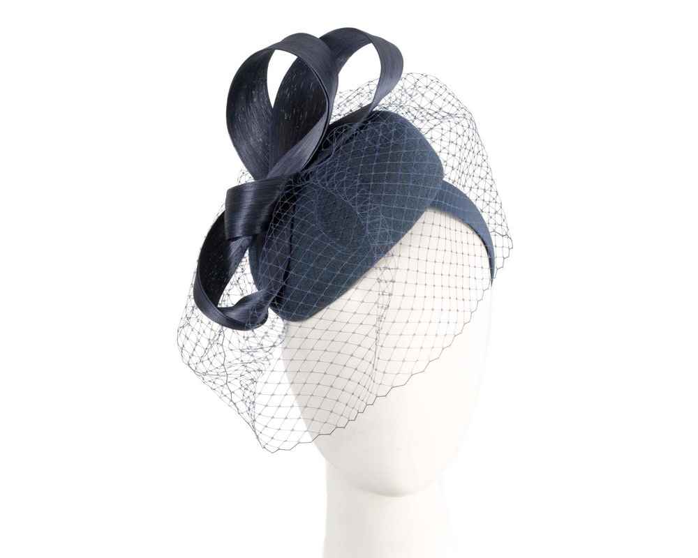 Fascinators Online - Navy pillbox fascinator with loops and face veil