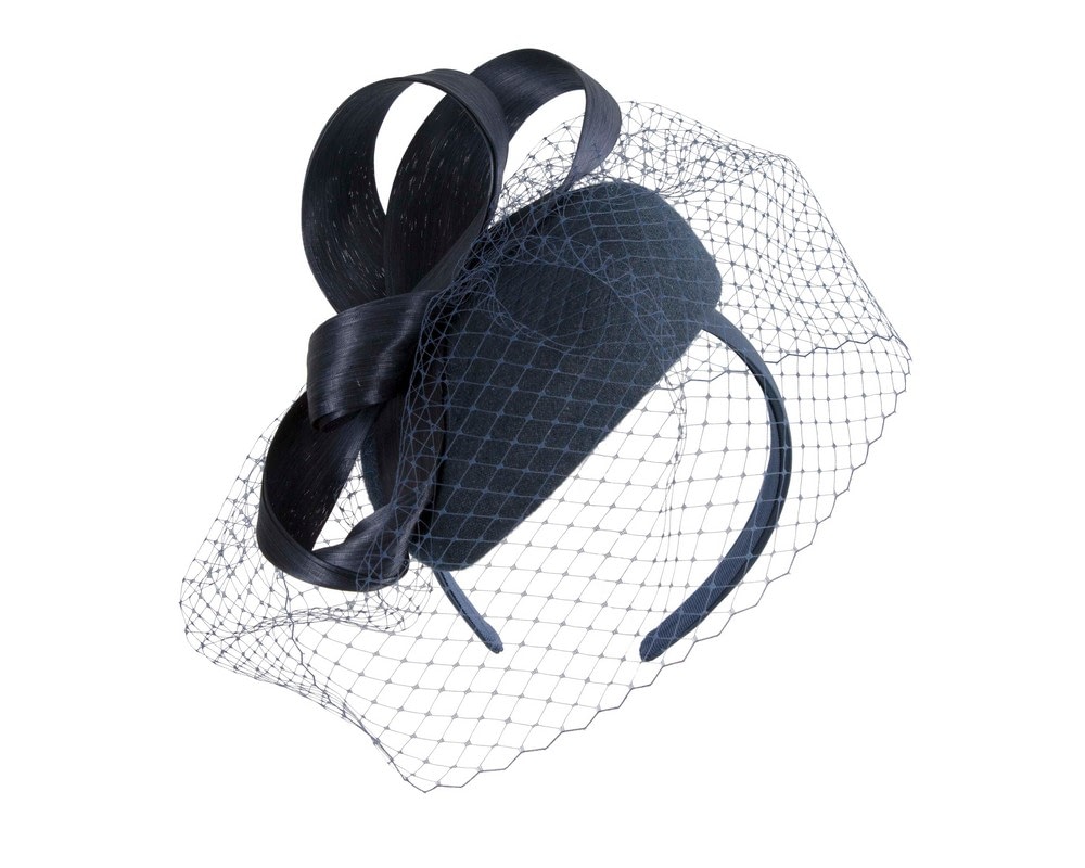 Fascinators Online - Navy pillbox fascinator with loops and face veil