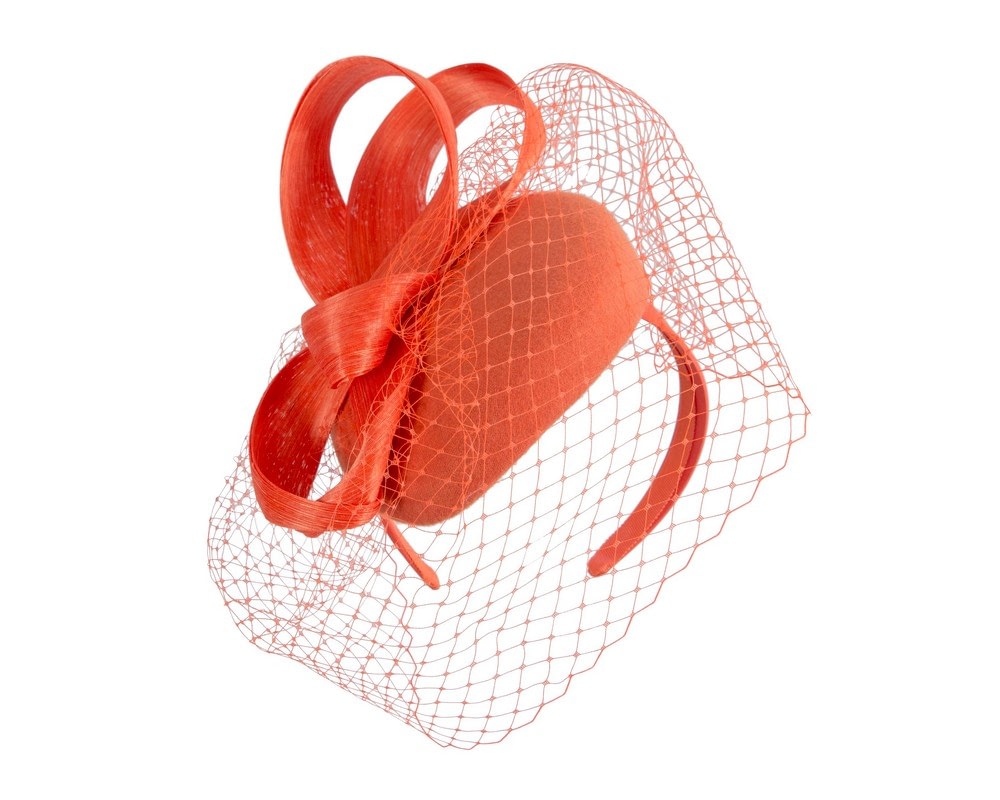 Fascinators Online - Orange pillbox fascinator with loops and face veil