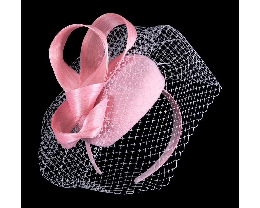Fascinators Online - Pink pillbox fascinator with loops and face veil