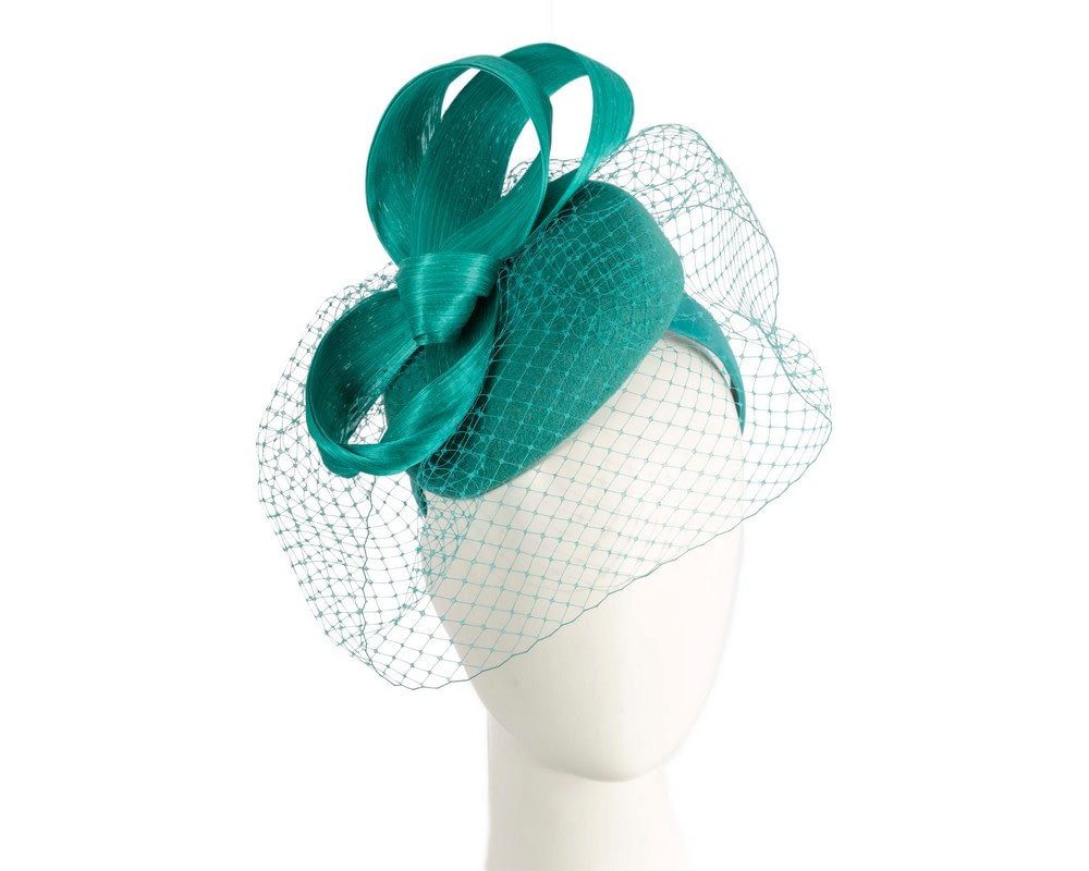 Fascinators Online - Teal Green pillbox fascinator with loops and face veil