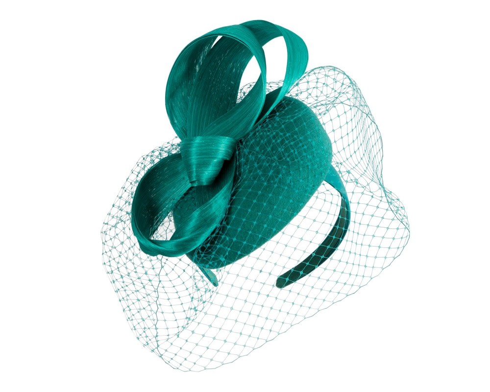 Fascinators Online - Teal Green pillbox fascinator with loops and face veil