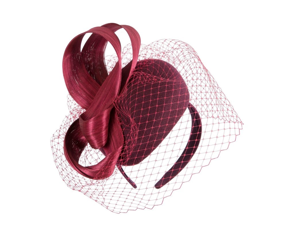 Fascinators Online - Burgundy wine pillbox fascinator with loops and face veil