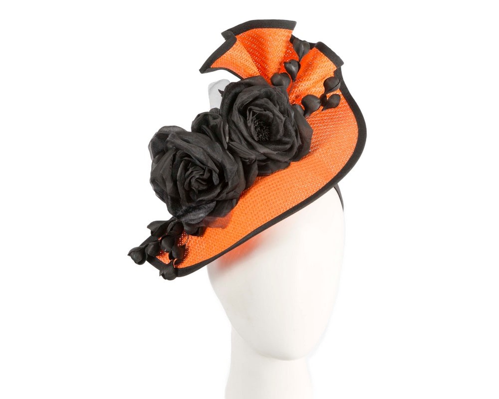 Fascinators Online - Bespoke large orange & black flower fascinator by Fillies Collection