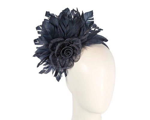 Fascinators Online - Striking Navy Fascinator with Flower and Feathers