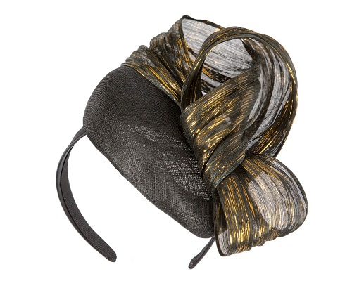 Fascinators Online - Black & gold pillbox with turquoise bow by Fillies Collection S307