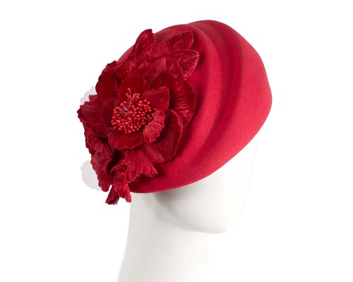 Fascinators Online - Red Felt Beret Hat with Flower