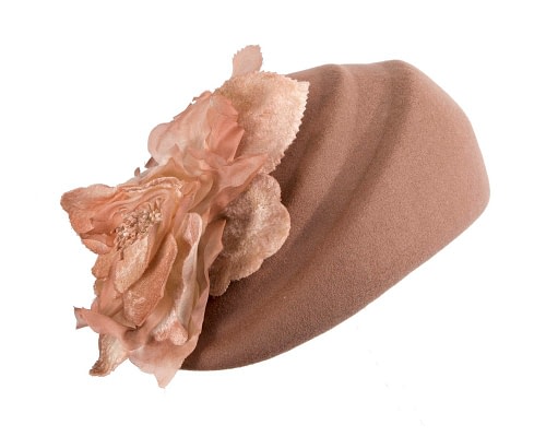 Fascinators Online - Taupe Felt Beret Hat with Flower