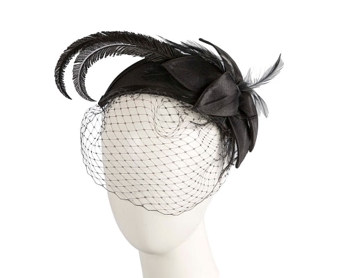 Fascinators Online - Custom made black feather fascinator with face veil