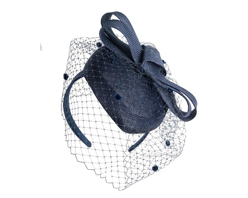 Fascinators Online - Navy sinamay fascinator with face veil