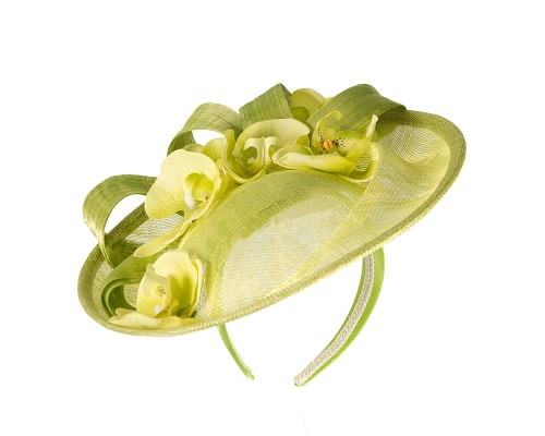 Fascinators Online - Large lime green fascinator with orchids by Fillies Collection
