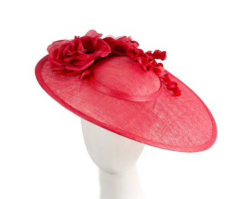 Fascinators Online - Red wide brim sinamay fascinator hat with flowers