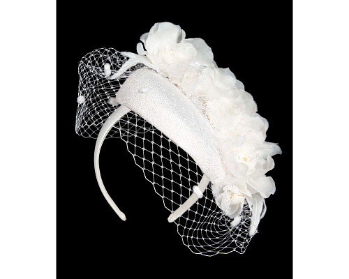 Fascinators Online - White pillbox fascinator with flowers and face veil