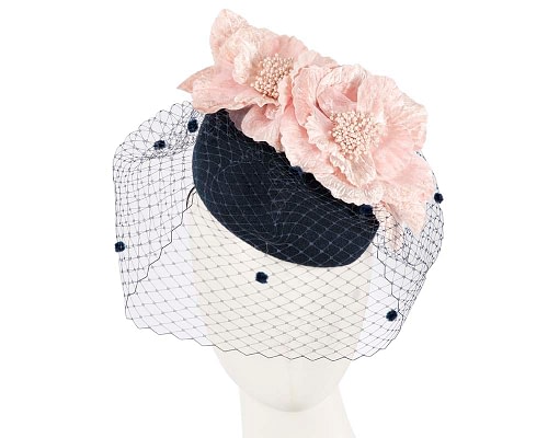 Fascinators Online - Navy & pink Australian Made winter pillbox by Fillies Collection