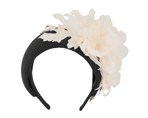 Fascinators Online - Wide black winter fascinator with cream silk flower