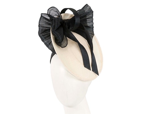 Fascinators Online - Bespoke cream sinamay fascinator with black bow by Fillies Collection