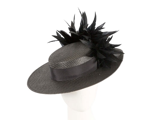 Fascinators Online - Black boater hat with feathers by Max Alexander