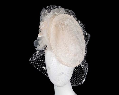 Fascinators Online - Cream racing fascinator with flowers and face netting by Fillies Collection