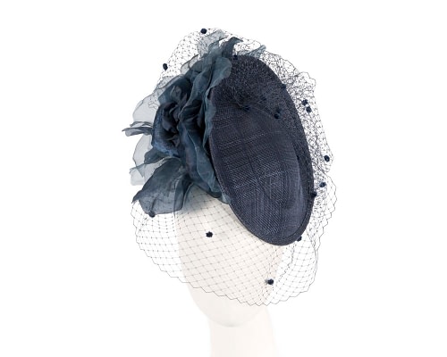 Fascinators Online - Navy racing fascinator with flowers and face netting by Fillies Collection